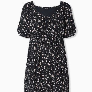 Black Ditsy Floral Puff Sleeve Peasant Dress